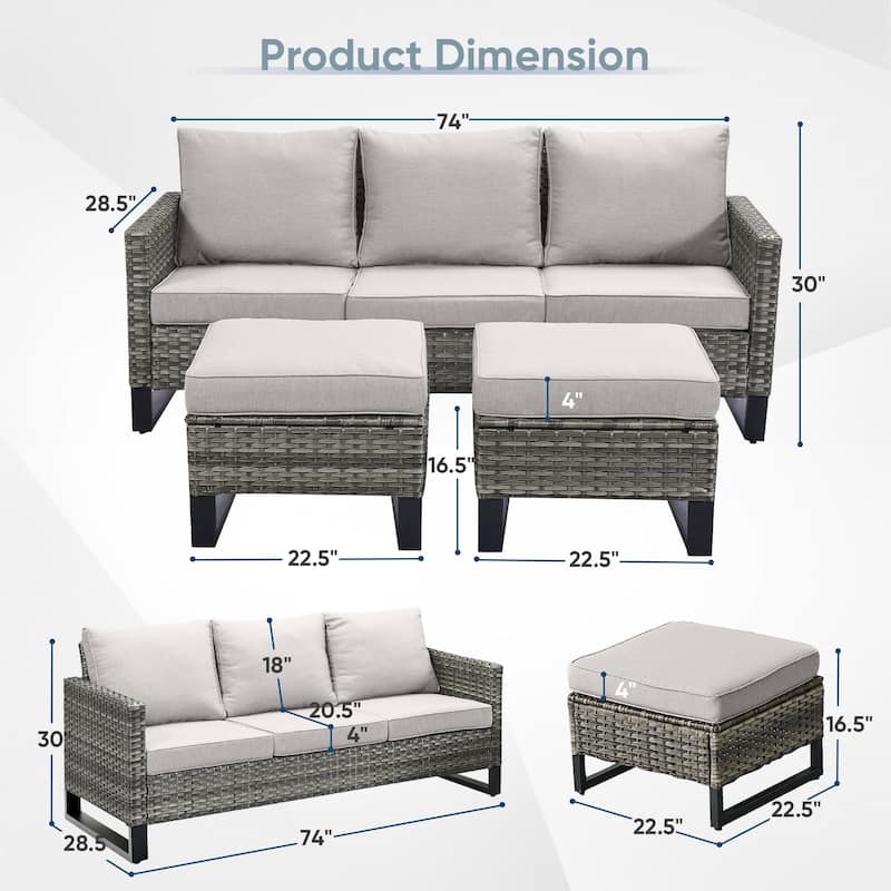 3 Pieces Outdoor Wicker Sofa with Ottomans