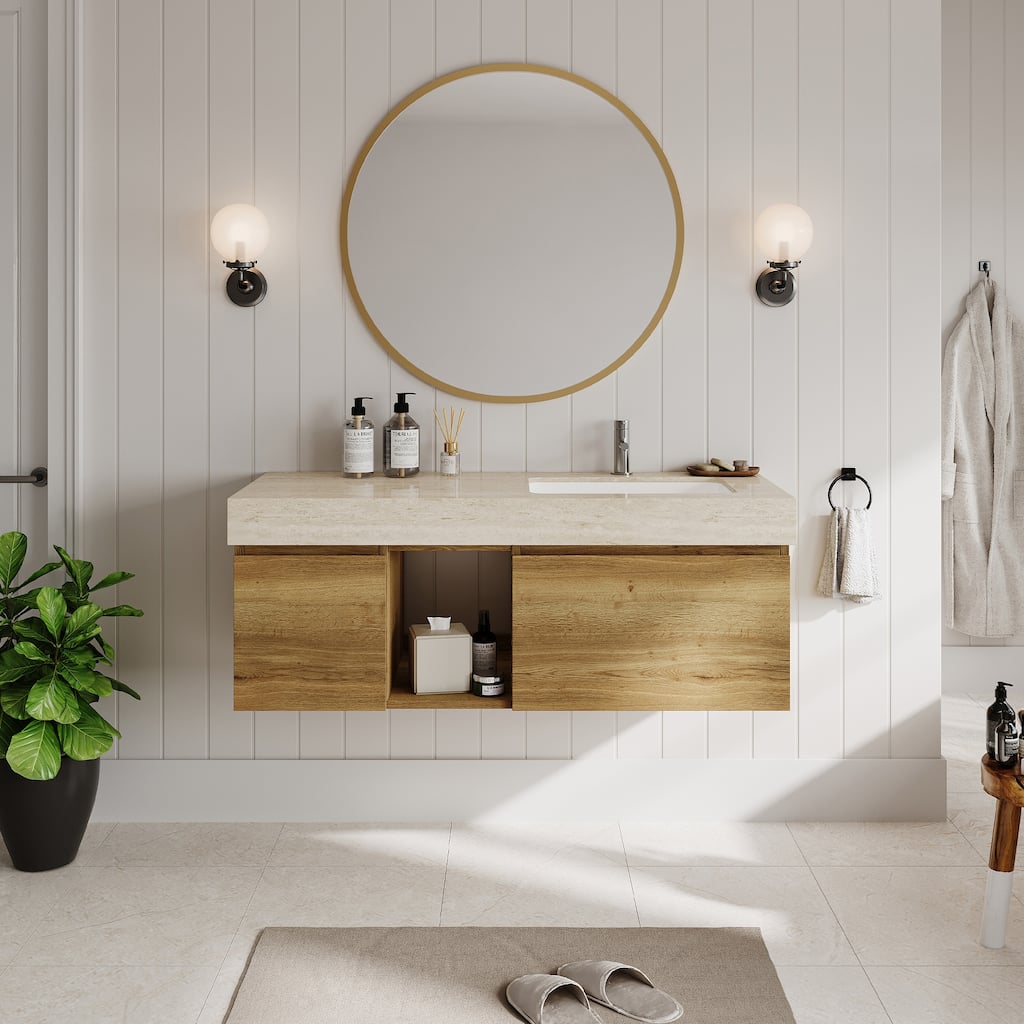 48" Mid Century Single Bathroom faux marble Vanity with Top, Solid Wood, Floating Vanities for Bathroom