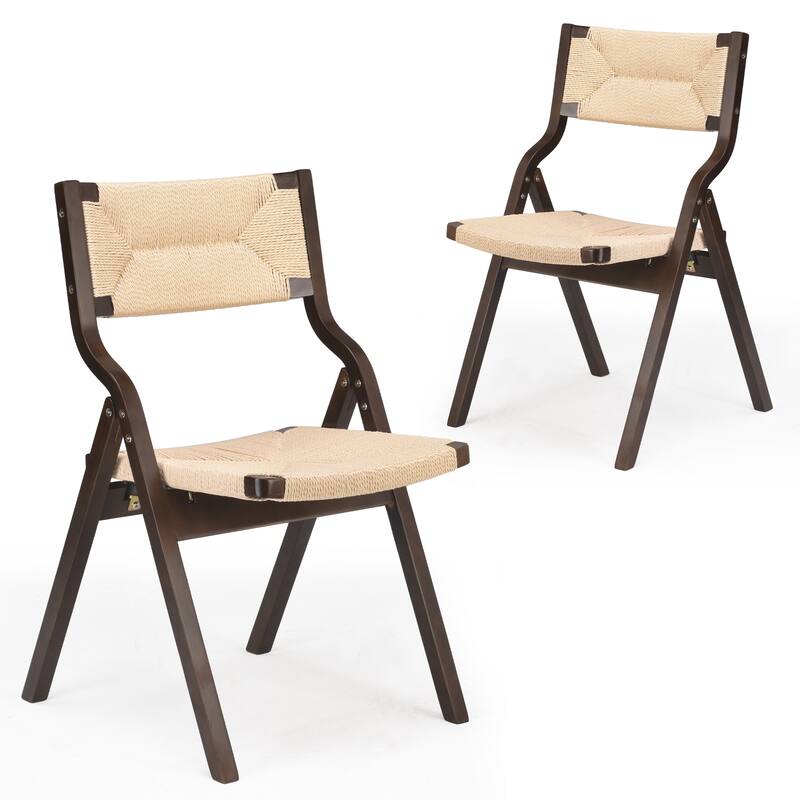 Wood Folding Chairs, Foldable Chairs Wooden Stackable Dining Chairs with Woven Seat & Webbing Back, Dining Chair Set of 2 - Beige,Walnut Brown