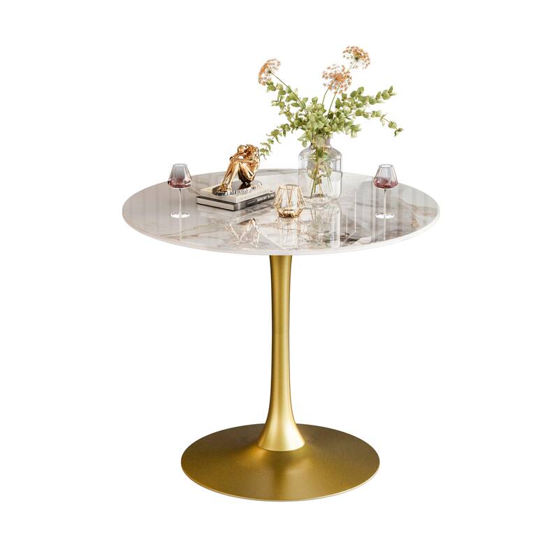 Round Dining Table Marble Modern Tulip Table Slate Tabletop with Metal Pedestal Base
