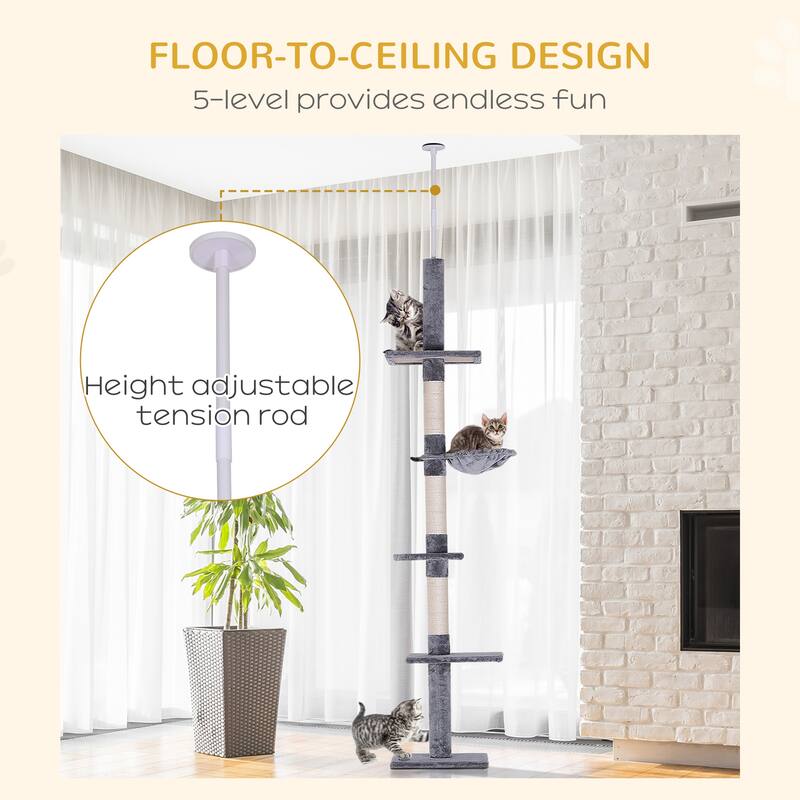 9' Adjustable Height Floor-To-Ceiling Vertical Cat Tree - Grey and White - Gray