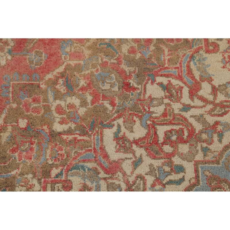 Distressed Mashad Persian Vintage Rug Hand-Knotted Floral Wool Carpet - 8'10"x 13'10"