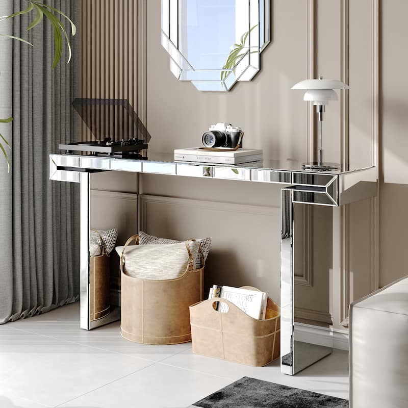 GDF Studio - Aranda Art Deco Mirrored Wood Console Table with Fluted Glass Design - Silver