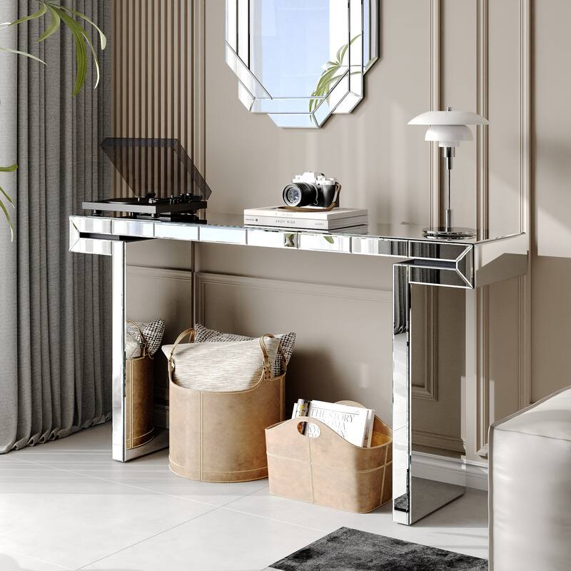 Roomfitters 60" Luxury Mirrored Console Table, Fluted Tempered Glass Entryway Table with Silver Finish & Scratched Resistance