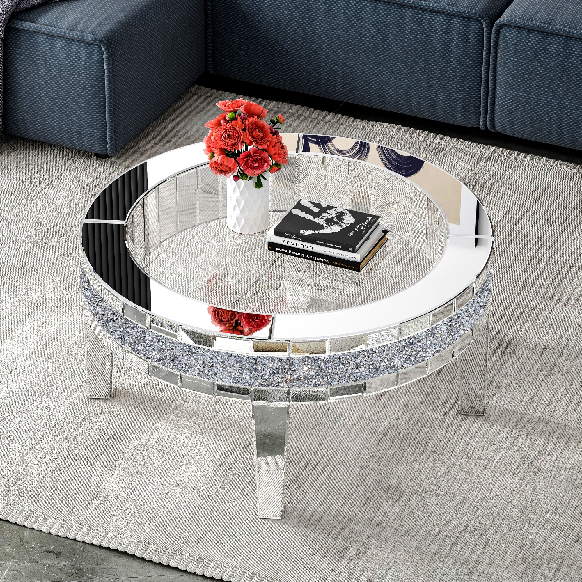 Round Glass Top Coffee Table with Crystal Inlay - Overstock - 39100928