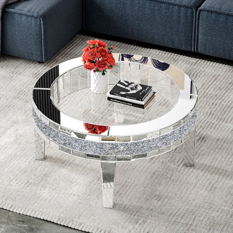 Round Glass Top Coffee Table with Crystal Inlay