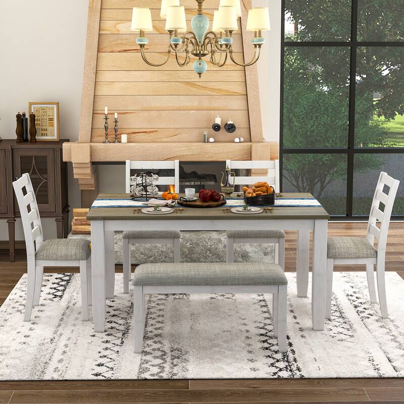 Brown+Whitewash Rustic 6-Piece Wooden Dining Table Set with Rectangular Table & 4 Chairs