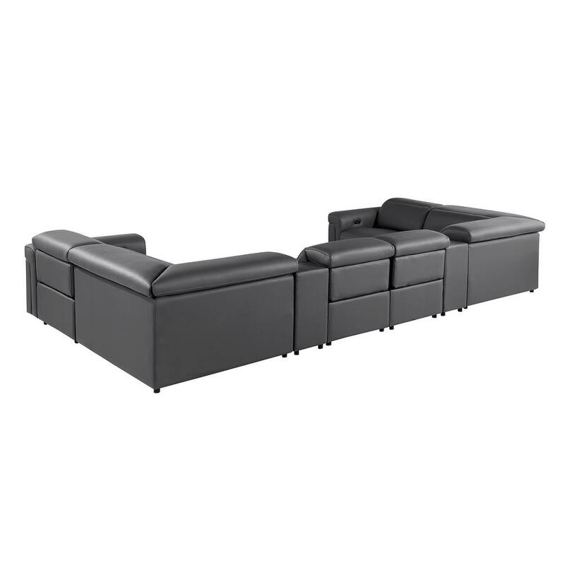 HomeRoots Dark Gray Italian Leather Power Reclining U Shaped Eight Piece Sectional With Console
