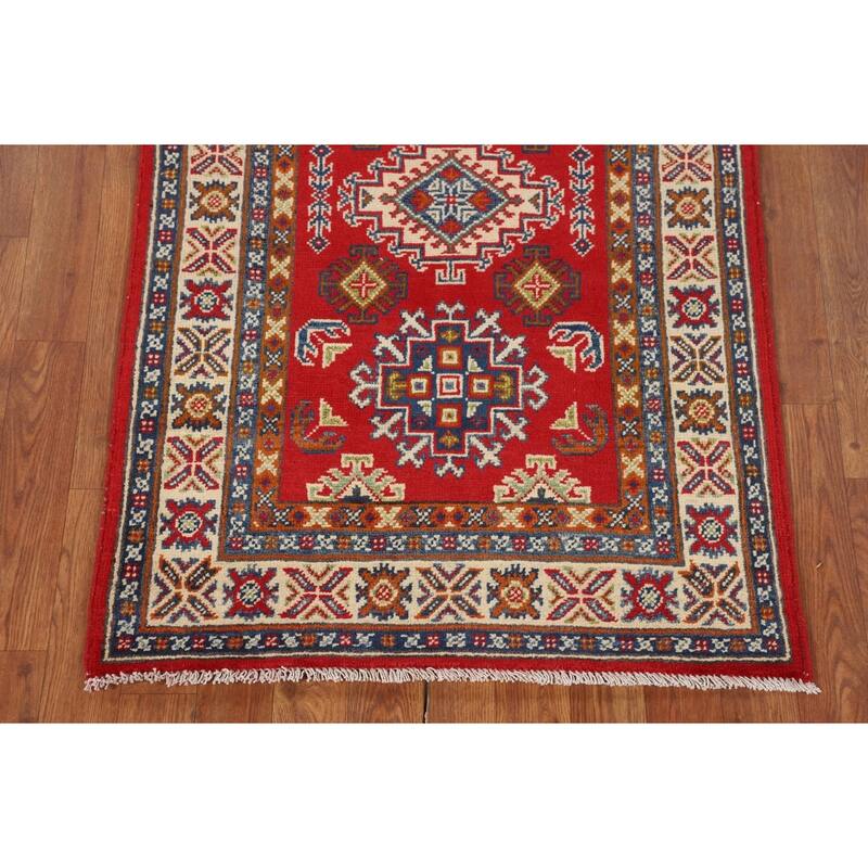 Geometric Red Kazak Oriental Accent Rug Bedroom Handmade Wool Carpet - 2'8" x 4'3"