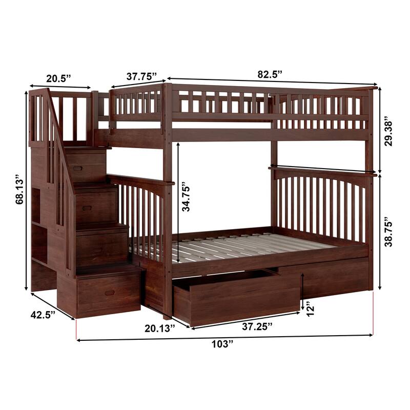 AFI Columbia Full over Full Size Staircase Bunk Bed with Bed Drawers & Charging Station in Walnut