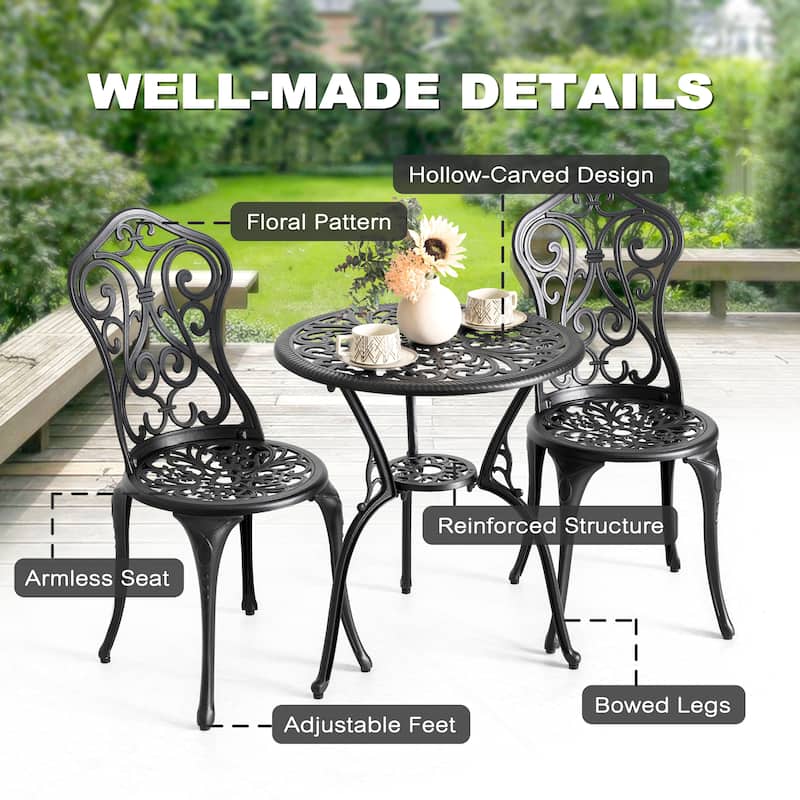 Nuu Garden Patio Cast Aluminum Bistro Set with Umbrella Hole, Black
