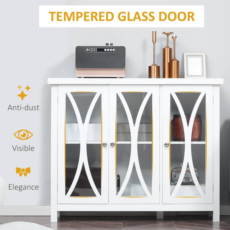 Buffet Cabinet with 3 Tempered Glass Doors, Arc Pattern and Adjustable Storage She