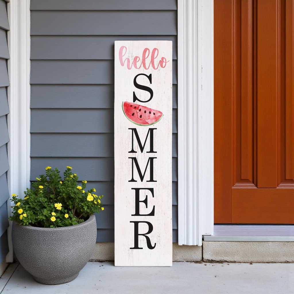 HomeRoots 36" White And Pink Solid Wood Hello Summer Porch Sign