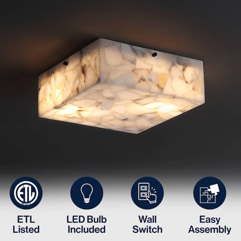 13" 2-Light Alabaster/Iron Square LED Flush Mount, By JONATHAN Y