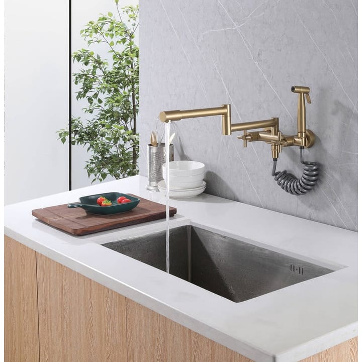 Brushed gold Pot Filler Faucet Folding Stretchable Brass Hot & Cold Kitchen Faucet Wall Mount with side sprayer - 7'9" x 10'10"