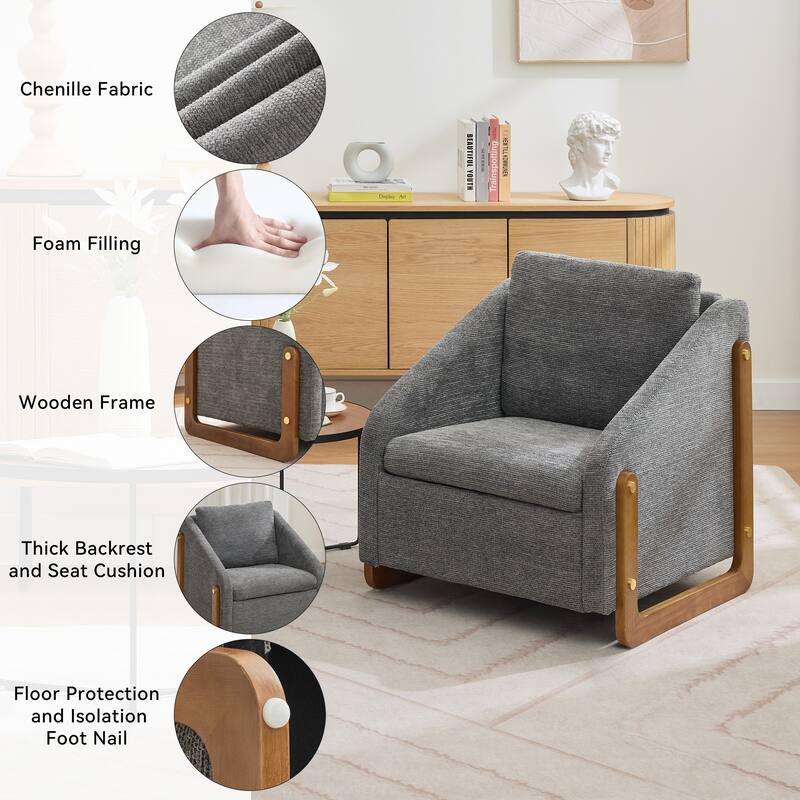 Modern Chenille Upholstered Armchair with Wooden Side Frame, Single Accent Leisure Chair with Backrest for Living Room, Bedroom