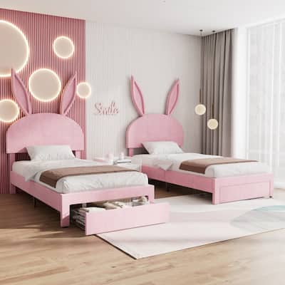 VECELO Twin Beds Set of 2 with Drawer for Kids, Upholstered Storage Bedframes, Brown Kids Bed Set of 2