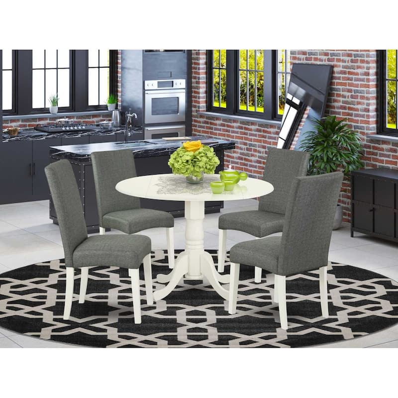 Round Kitchen Table Set 5pc 42" Table w/ Drop Leaves & 4 Parsons Chairs - Linen White Legs