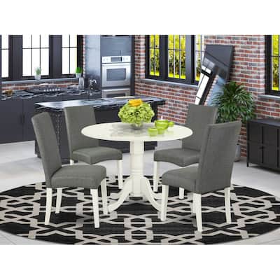 Round Kitchen Table Set 5pc 42" Table w/ Drop Leaves & 4 Parsons Chairs - Linen White Legs