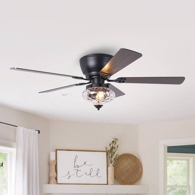 52" Classic Matte Black Flush Mount Ceiling Fan with Light and Remote - 52 in. D x 52 in. W x 14 in. H