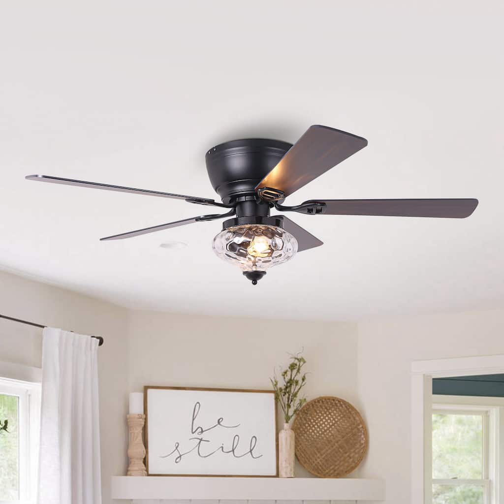 52" Classic Matte Black Flush Mount Ceiling Fan with Light and Remote - 52 in. D x 52 in. W x 14 in. H