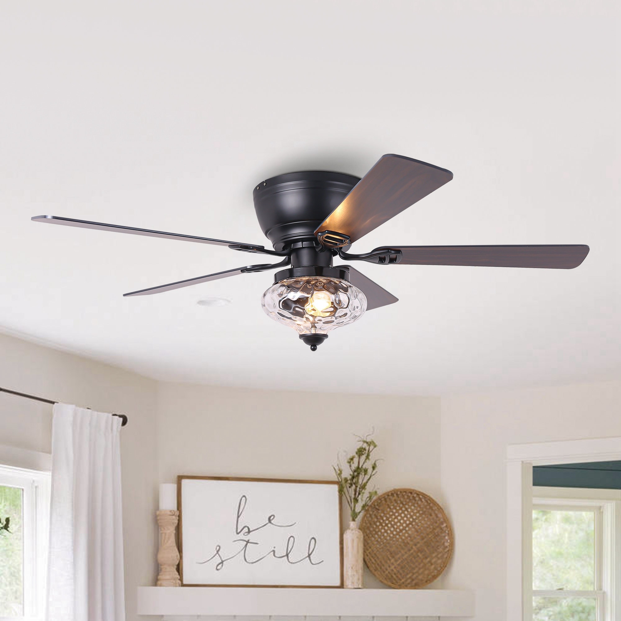 52" Modern Matte Black Reversible Flush Mount Ceiling Fan with Light and Remote - 52 in. D x 52 in. W x 14 in. H