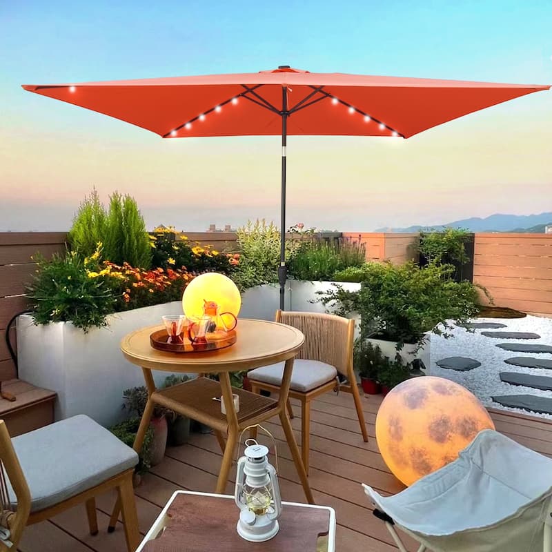 10 x 6.5t Rectangular Patio Solar LED Lighted Outdoor Market Umbrellas with Crank and Push Button Tilt for Garden Shade - Light Brick Red