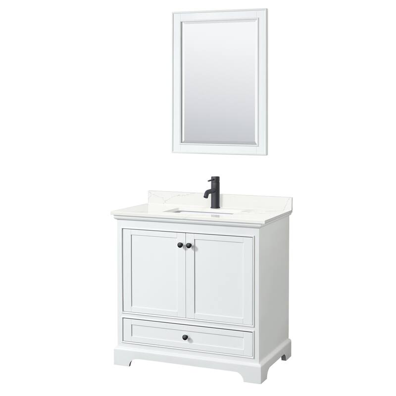 Deborah 36-inch Single Vanity, Quartz Top, 24-inch Mirror - White, Black Trim, Giotto Quartz Top