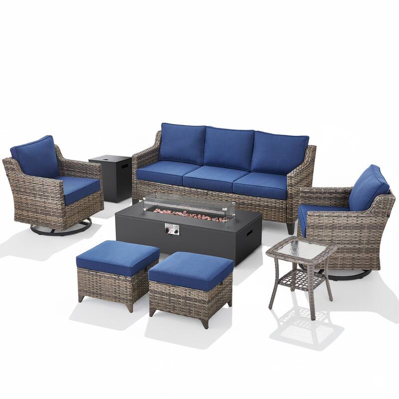 Glissia 7-Piece Gray Wicker Fire Pit Conversation Set with Modern Steel Fire Pit