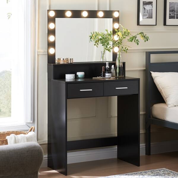 Desk with Mirror & Lights, 3 Lighting Modes, Large Storage Drawer, 2-Level Dresser for Bedroom (Black) - Bed Bath & Beyond - 42399552 Desk with Mirror & Lights, 3 Lighting Modes, Large Storage Drawer, 2-Level Dresser for Bedroom (Black) - Bed Bath & Beyond - 42399552