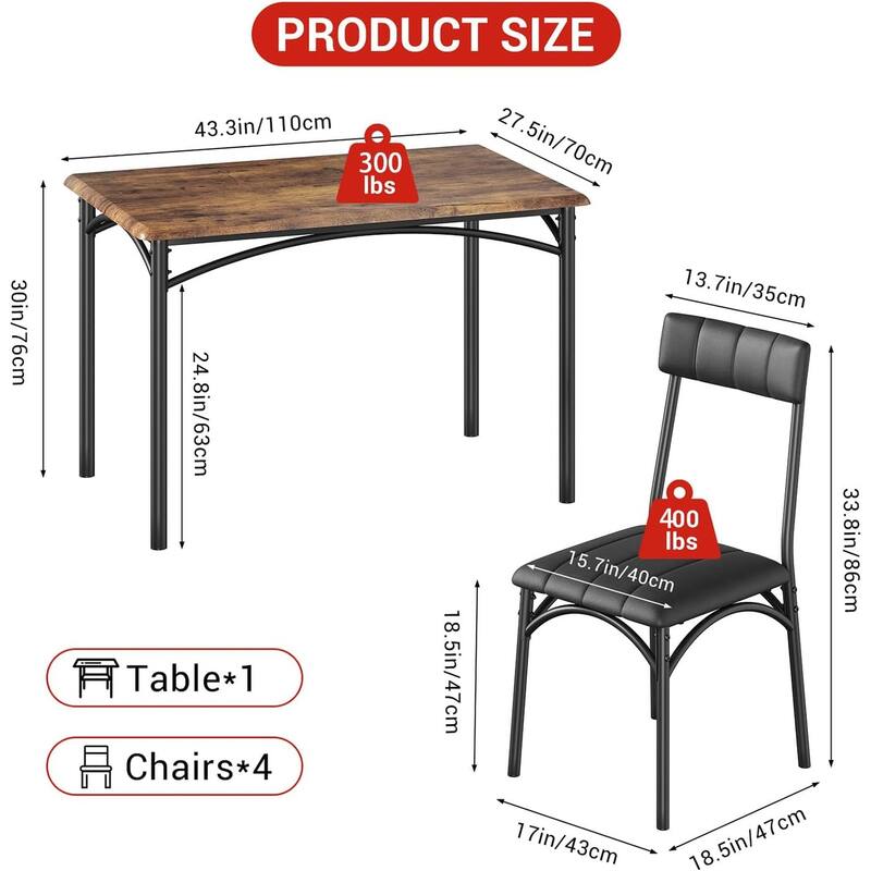 5-Piece Dining Table Set with 4 Upholstered Chairs, Metal and Wood Table for Kitchen or Apartment