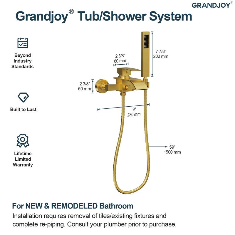 GRANDJOY Wall-mount Waterfall Bathtub Faucet with Handheld Shower