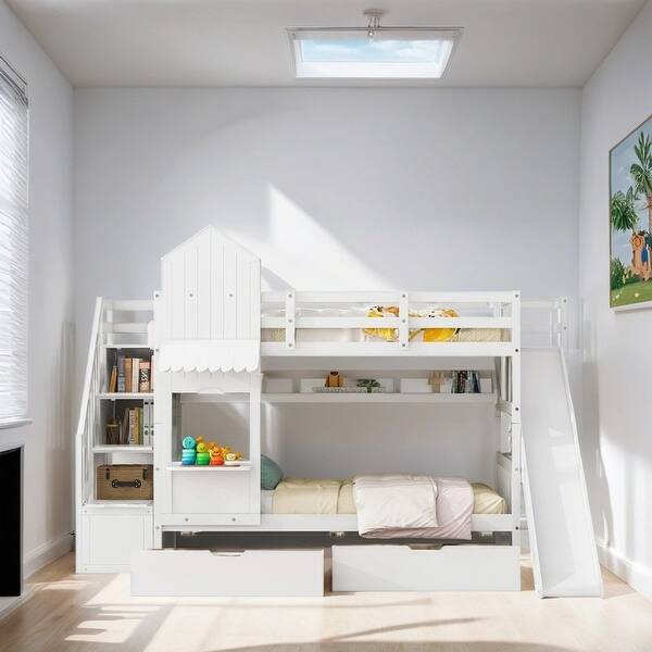 slide 2 of 9, Twin Over Twin Size Bunk Bed Kids Bed with 2 Drawers 3 Shelves and Slide, White White