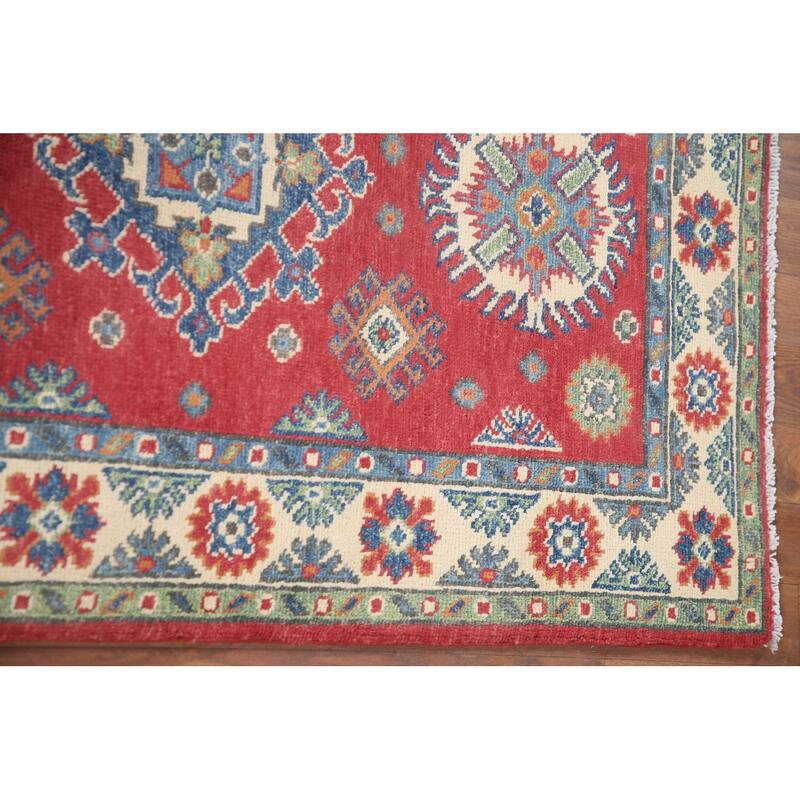Hand Knotted Oriental 100% Wool Carpet Traditional Geometric Red Kazak Area Rug - 6' 5'' X 2' 9''