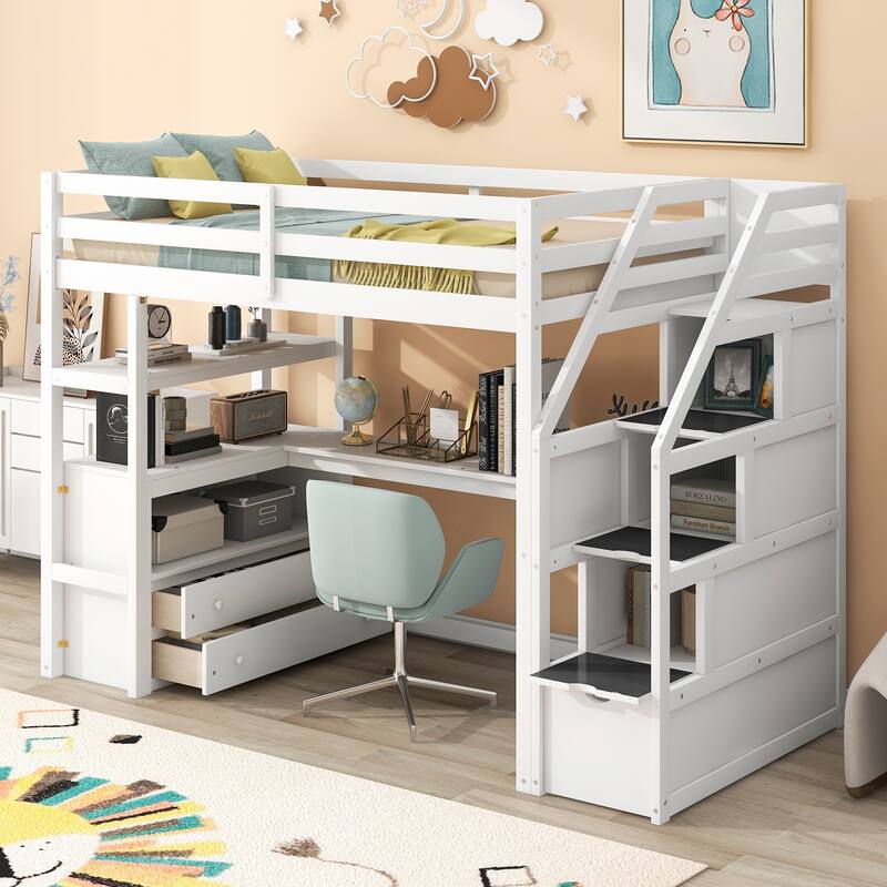 Stairway Loft Bed with L Shape Built-in Desk, Solid Wood High Loft Bedframe w/Shelves, Two Tier Drawers and Storage Staircase