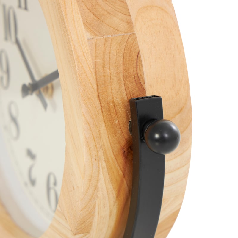 Light Brown Wood Decorative Clock with Curved Black Metal Stand and Ball Details