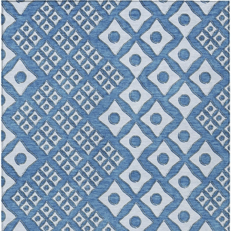 Denim Blue And Light Blue Geometric Washable Indoor Outdoor Area Rug - 3' x 5'