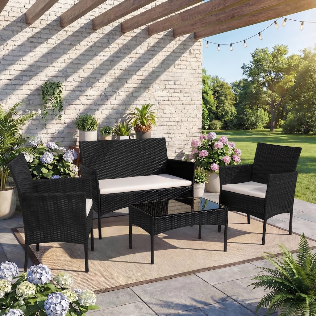 4-Piece Outdoor Patio Conversation Set, PE Wicker Chair & Table Set