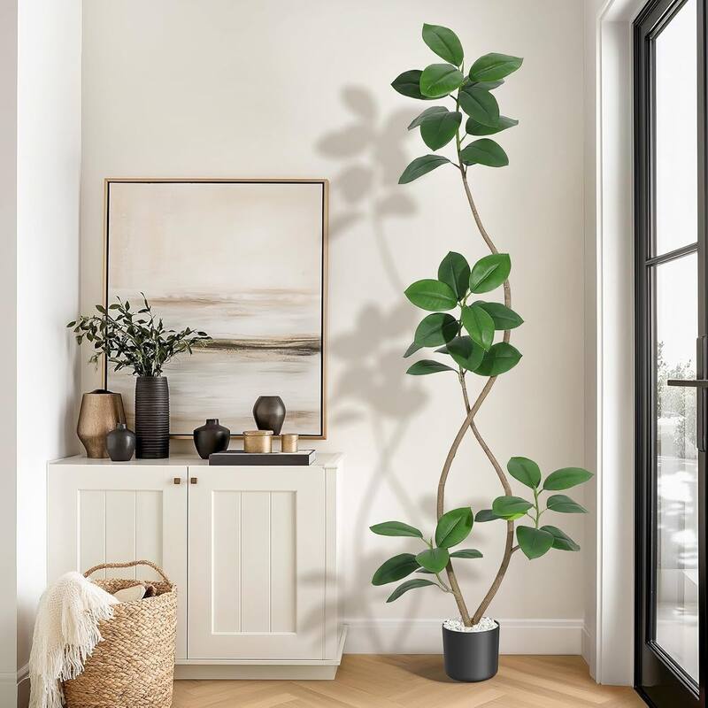 Artificial Plant Faux Fiddle Leaf Fig Tree with Black Sphere Resin Planter