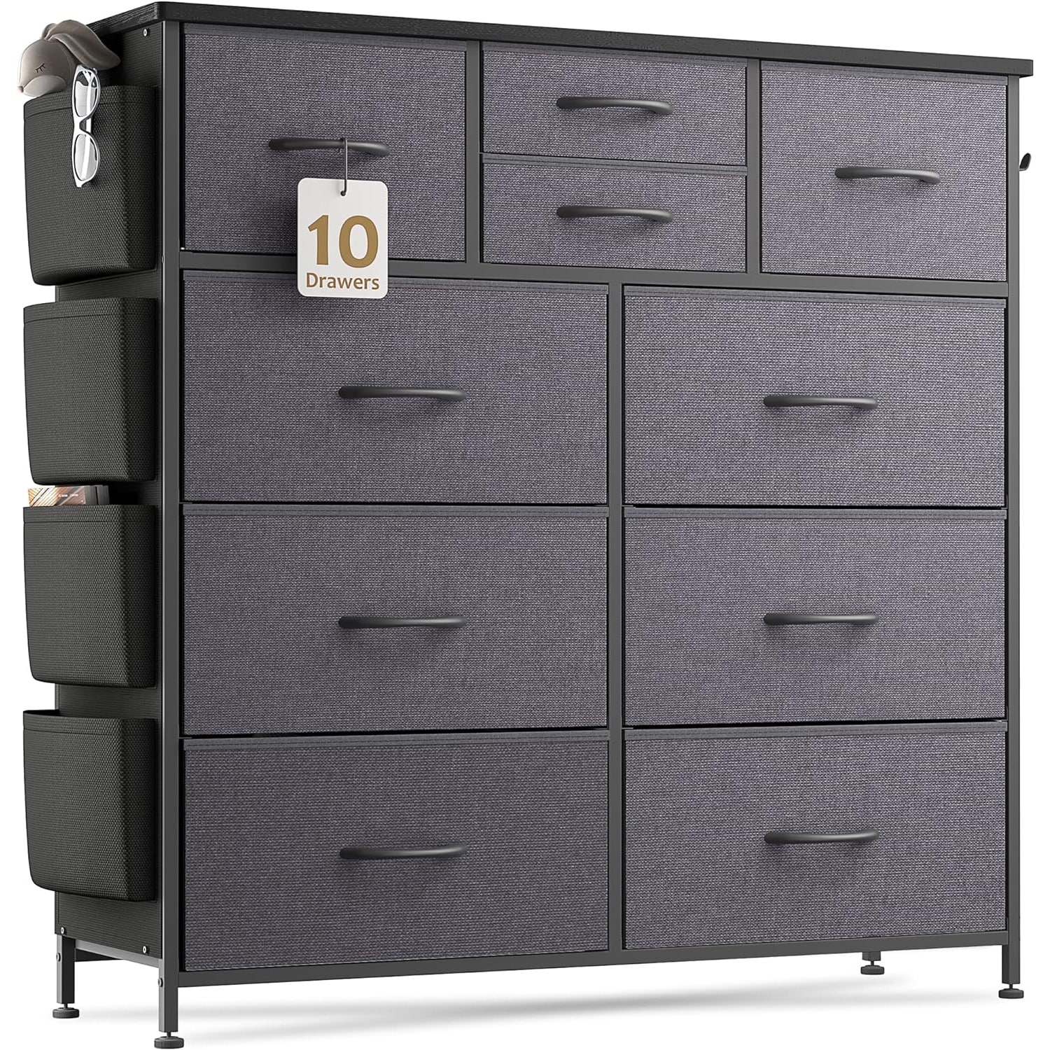 Dresser, Tall Drawer Dresser Organizer with 10 Fabric Storage Drawers,  Steel Frame and Wood Top, Perfect for Bedroom, Closet, or Entryway Storage,  Black 