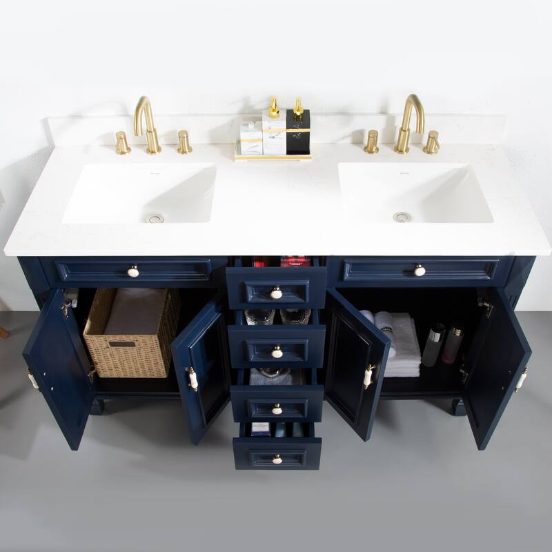 35'' H Solid Wood Bath Vanity with Stain-resistant Carrera White Quartz Top and Double Sink