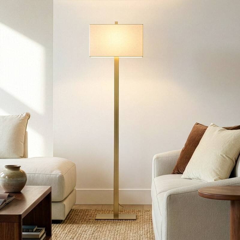 Brightech Stella 60 in. Antique Brass Mid-Century Modern LED Super Bright Floor Lamp with White Fabric Rectangle Shade