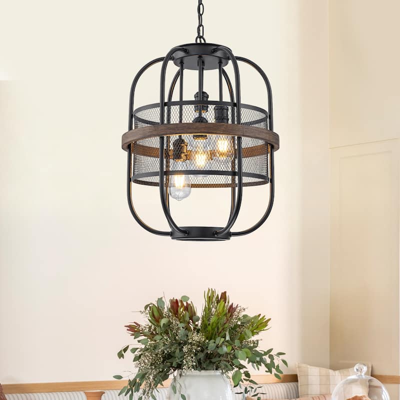 4-Light Industrial Farmhouse Black Lantern Mesh Pendant Chandelier - Dia.17.24-in - Dia.17.24-in