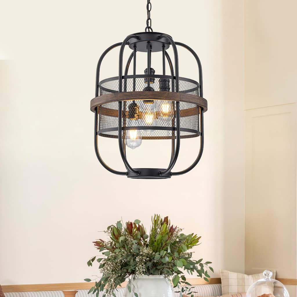 4-Light Industrial Farmhouse Black Lantern Mesh Pendant Chandelier - Dia.17.24-in