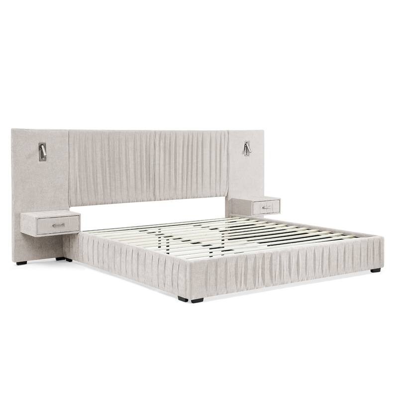 King Size Upholstered Platform Bed with Headboard, Bedside Table, and Adjustable Lamps, Beige