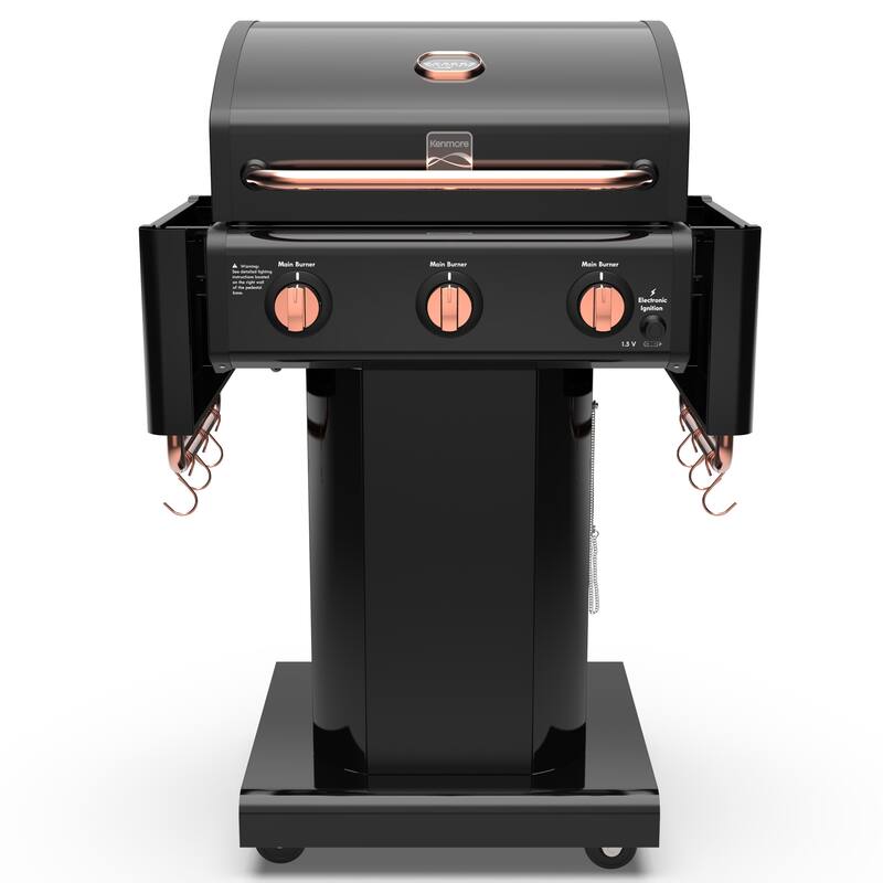 Kenmore 3-Burner Propane Gas Grill with Foldable Side Tables in Black/Copper