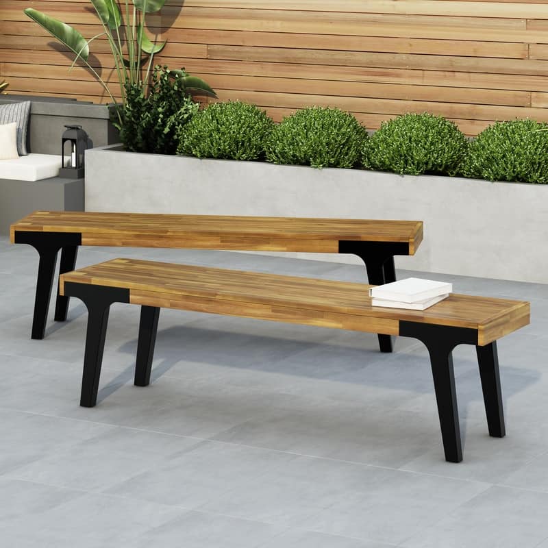 Modern Acacia Wood Dining Bench (Set of 2) - Weather-Resistant Outdoor/Indoor Seating