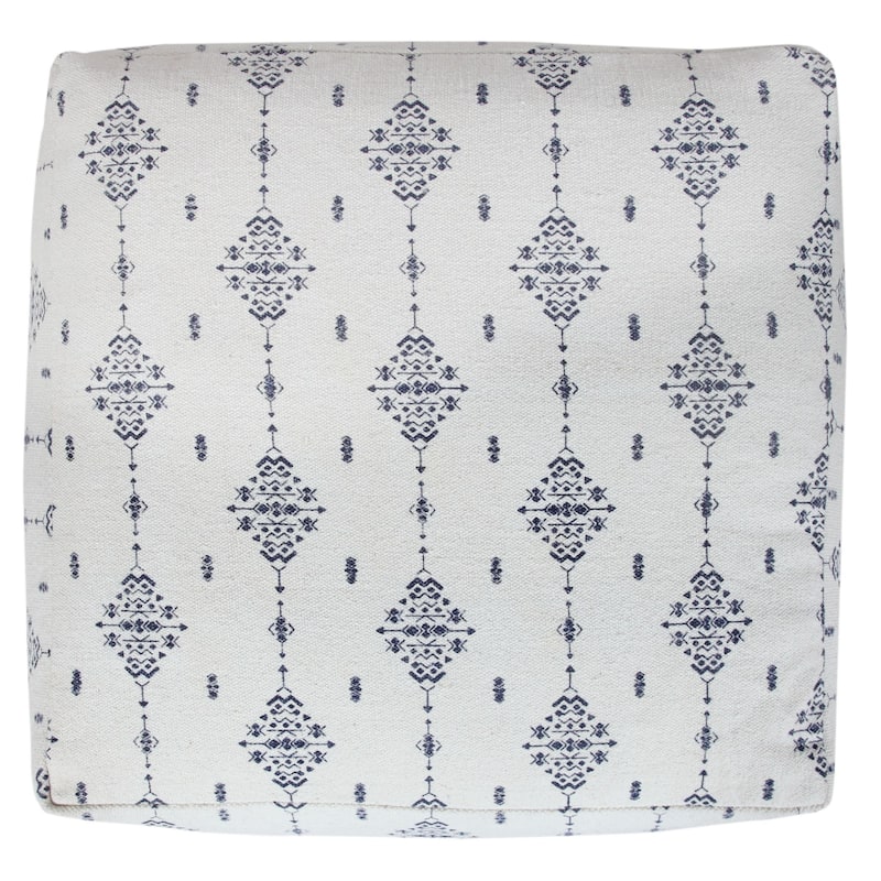 18" Navy and White Ornamental Motif Handcrafted Square Pouf Ottoman