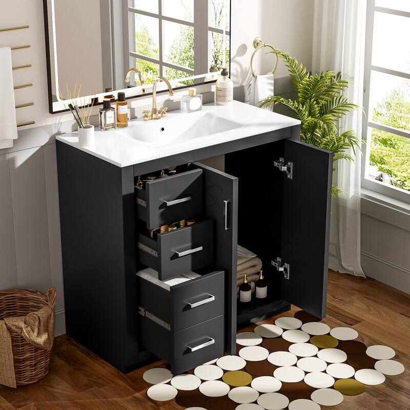 36'' Bathroom Vanity with Ceramic Sink Combo, Solid Wood Frame Bathroom Storage Cabinet with 3 Drawers& Soft Closing Doors