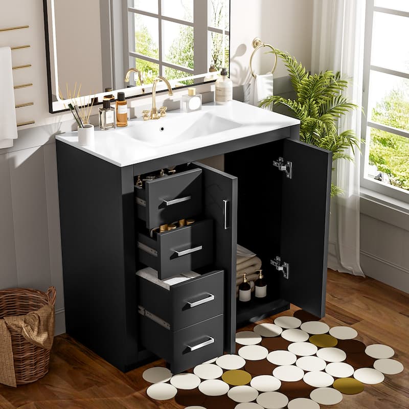 36'' Freestanding Bathroom Vanity Set–Features a Ceramic Sink, Solid Wood Frame,3 Soft-Closing Drawers, and Ample Storage Space.